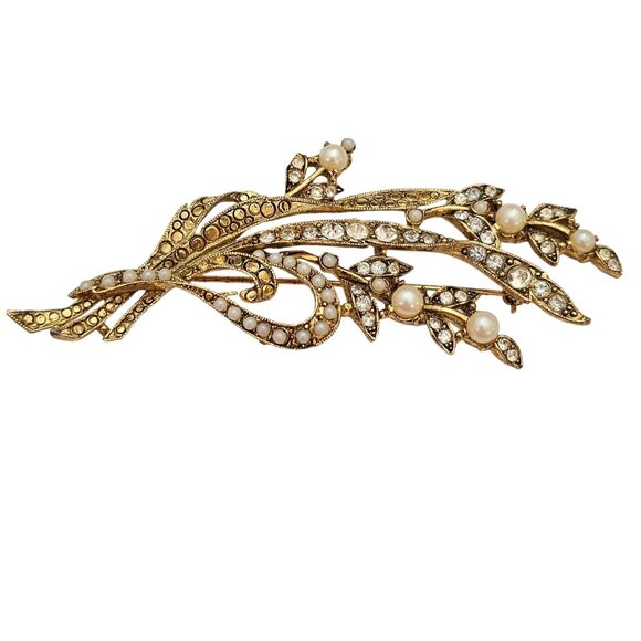 Richelieu Gold Tone Faux Pearl Leaf Rhinestone Stem Leaf Ribbon Brooch C627 - Picture 3 of 6